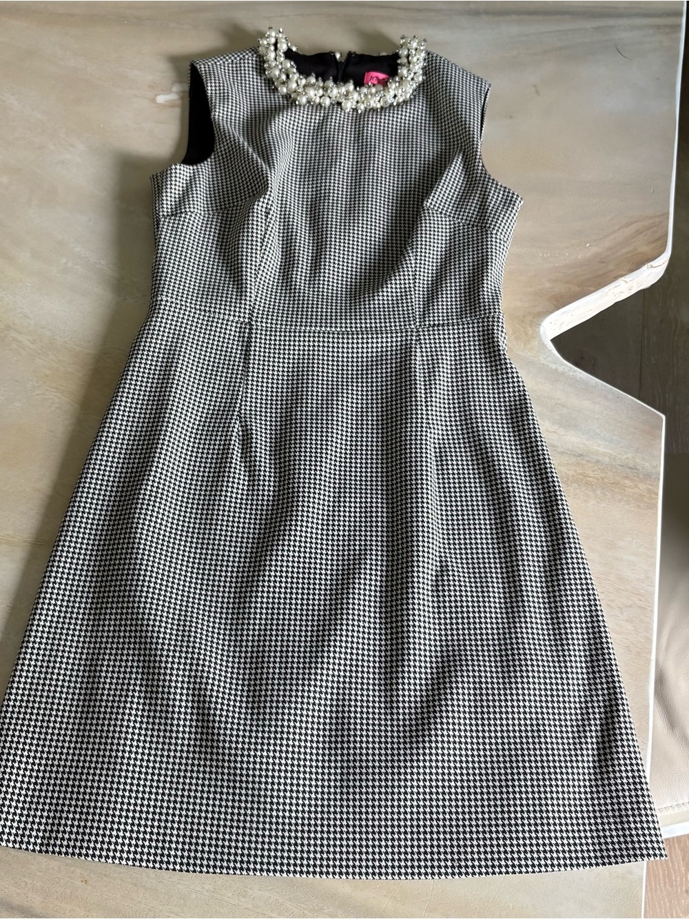 Betsey Johnson Black & White Houndstooth Sleeveless Dress with Pearl Collar
